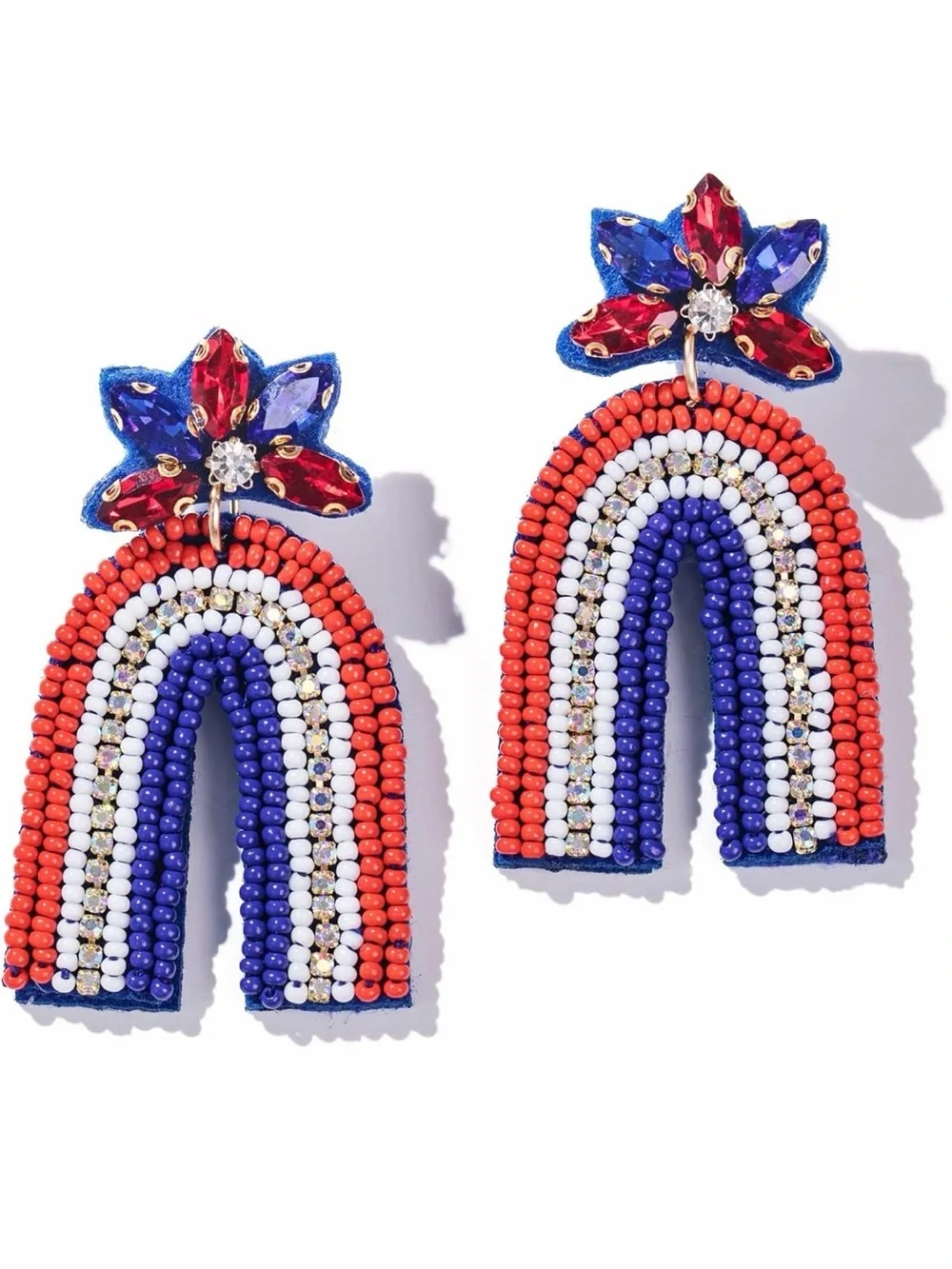 Beaded Rainbow Drop Earrings - Red, Blue & White